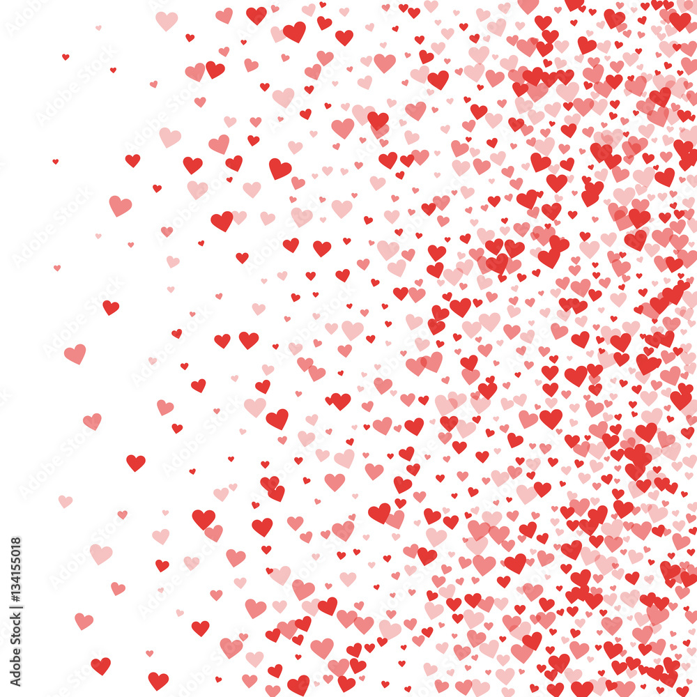 Red hearts confetti. Right gradient on white valentine background. Vector illustration.
