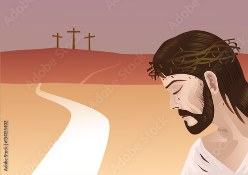 Crucifixion - sunset scene with three crosses. Good friday.
