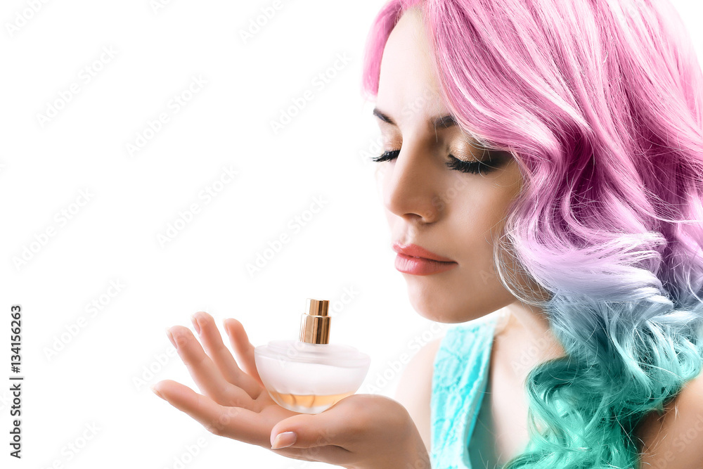 Trendy hairstyle concept. Young woman with colorful dyed hair on white background Trendy hairstyle concept. Young woman with colorful dyed hair on white background