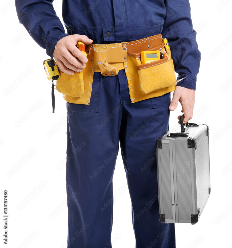 Electrician with tool box on white background, closeup Electrician with tool box on white background, closeup