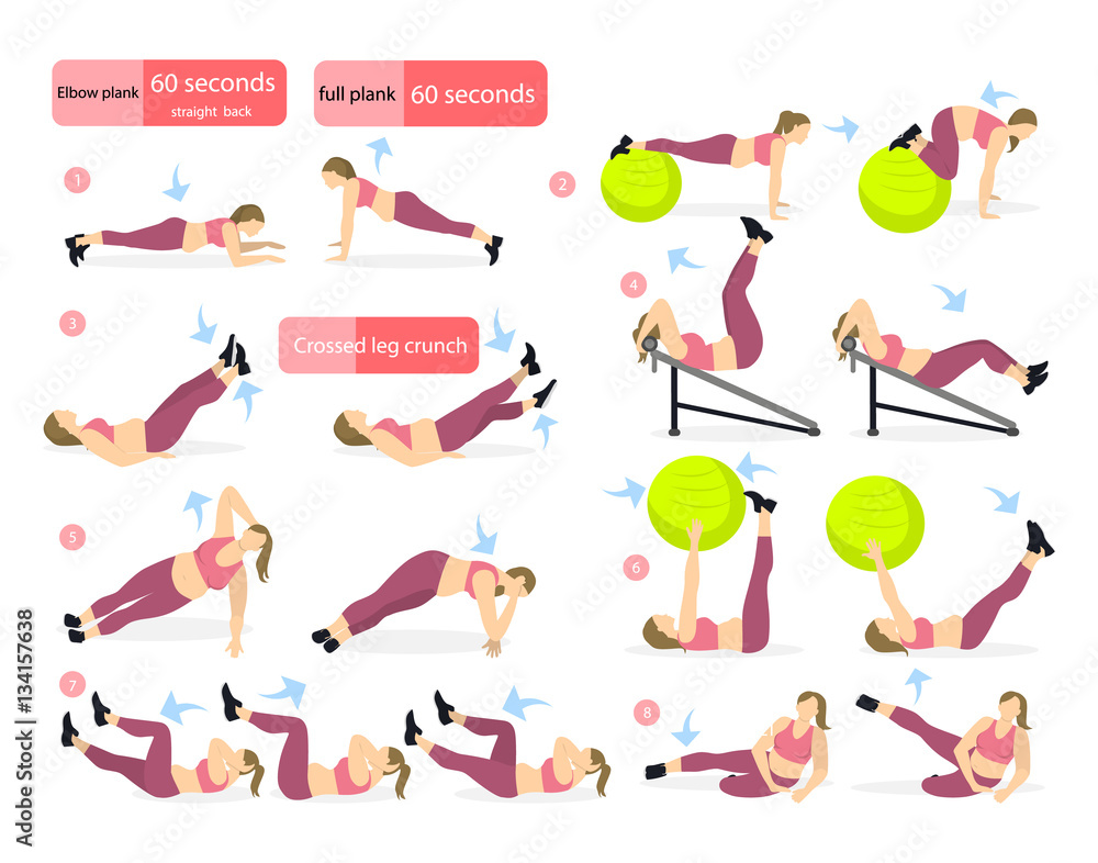 Abs exercises set for fat girl on white background. All fitness workout including crunches, fit ball, bench and more.
