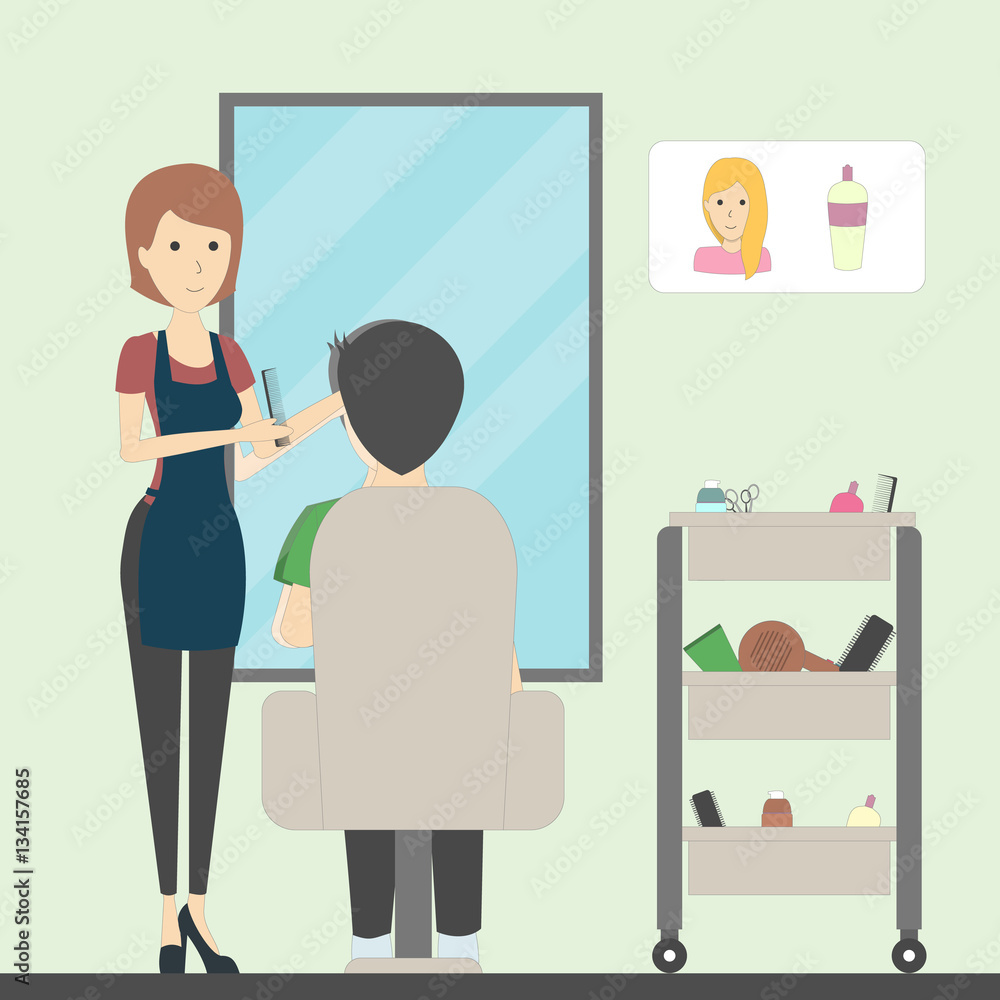Hairdressing in salon. Female hairdresser makes hairdo to a man in chair. Fashion and spa. Salon interior. Hairdressing in salon. Female hairdresser makes hairdo to a man in chair. Fashion and spa. Salon interior.