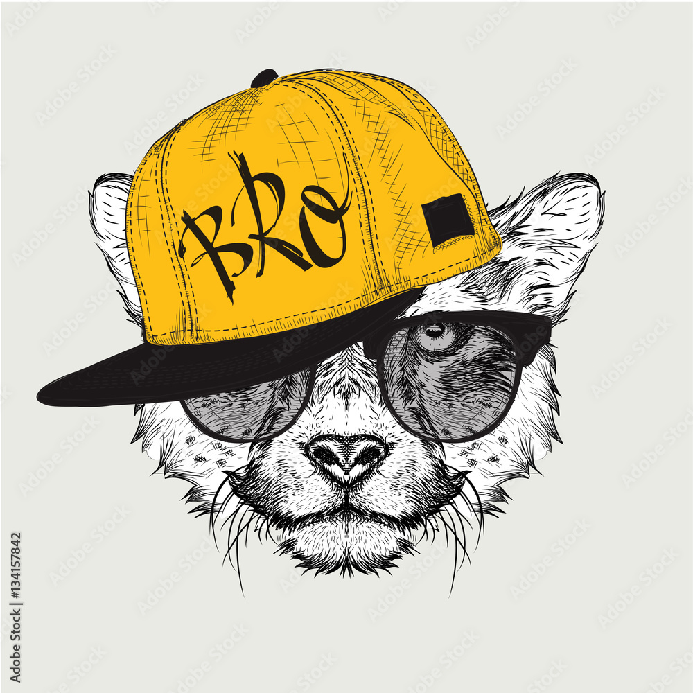 Obraz premium The poster with the image cheetah portrait in hip-hop hat. Vector illustration.