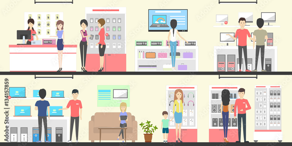 Electronics store interior set. People buying laptops, computers, smartphones and other devices. Electronics store interior set. People buying laptops, computers, smartphones and other devices.