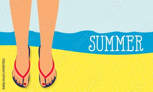 background feet in slippers on the background of the beach top view. Summer Time Background. Sunny Beach in Flat Design Style 
