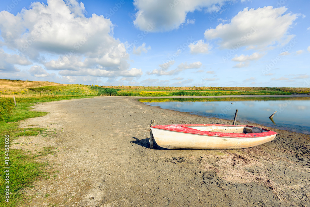 Fototapeta premium White boat on the banks of a natural pond