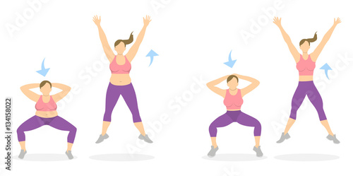 Squats with jumps exercise for legs on white background. Healthy lifestyle. Workout for legs. Exercises for fat women. From fat to skinny.