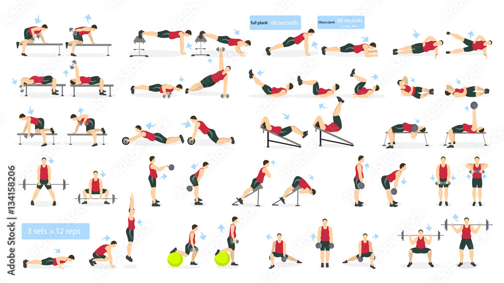 Workout man set. Fat man doing fitness and yoga exercises. Lunges