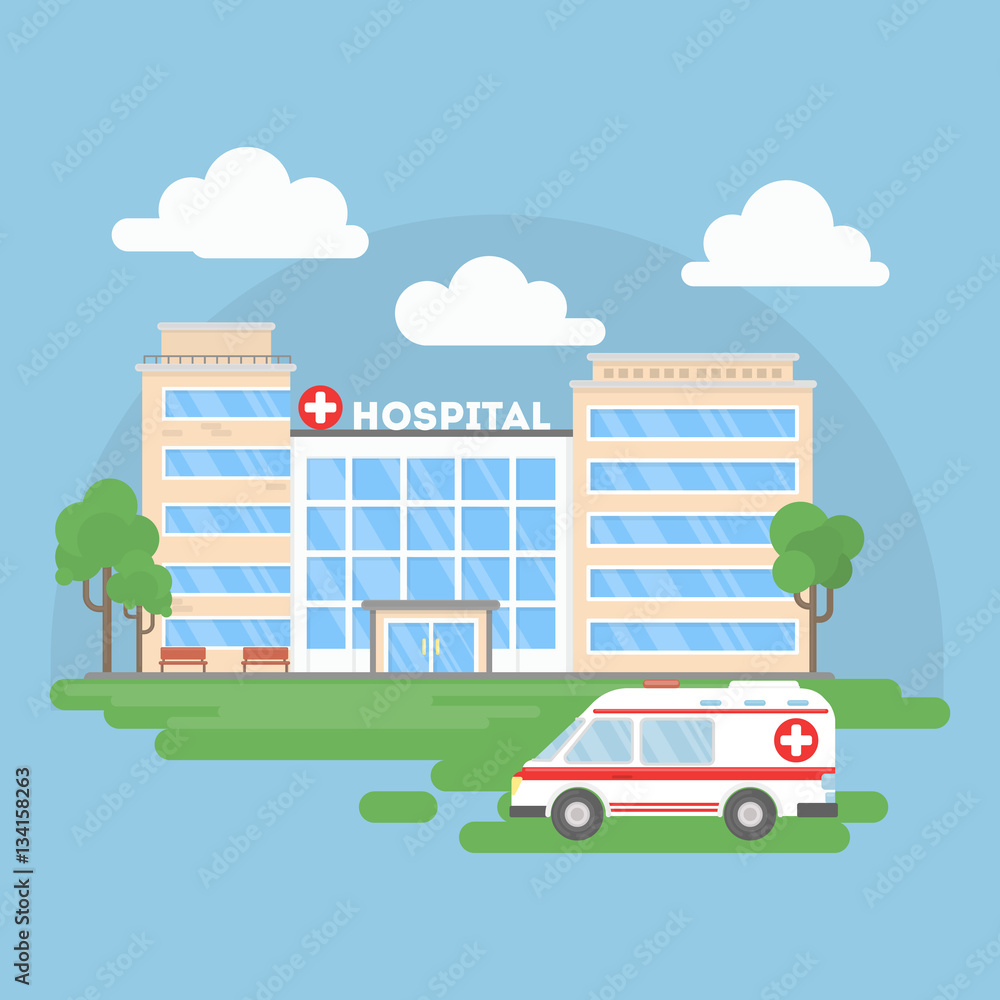 Hospital building with ambulance. Urban background. Modern medical center with first aid.