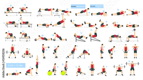 Workout man set. Fat man doing fitness and yoga exercises. Lunges and squats, plank and abc. Full body workout.