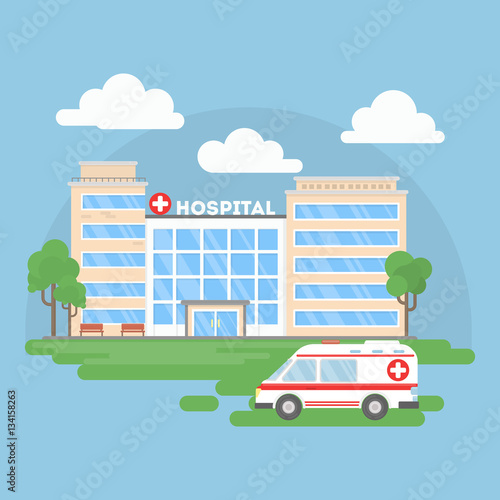 Hospital building with ambulance. Urban background. Modern medical center with first aid. © inspiring.team