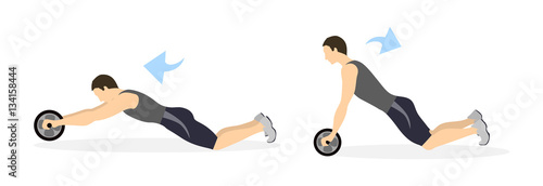 Abs exercise for men on white background. Crossfit and fitness. Crunches. Exercise for men with wheel.