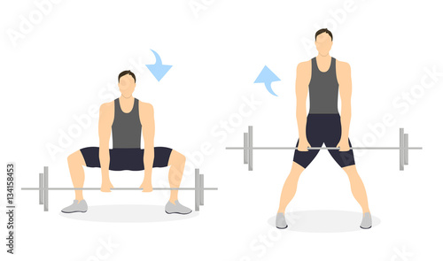 Legs exercise for men on white background. Healthy lifestyle. Crossfit and fitness. Squats with barbell.