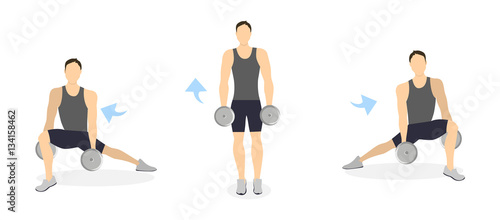 Legs exercise for men on white background. Healthy lifestyle. Crossfit and fitness. Side lunges with dumbbels.