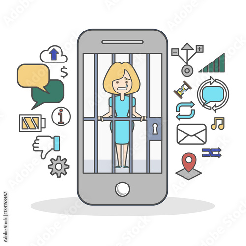 Woman with smartphone addiction. Scared woman in cage on the screen. Icons as message bubbles, dislike, connection and battery.