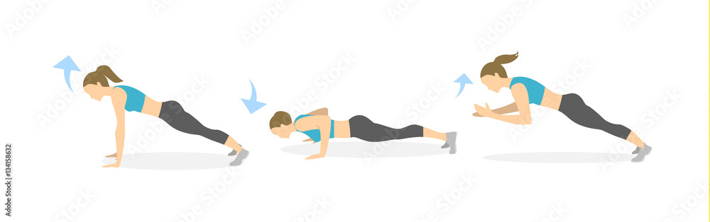 Full body workout on white background. Healthy lifestyle. Workout for endurance. Exercise for women. plank, push ups and clap.