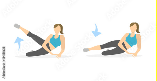 Exercise for legs on white background. Healthy lifestyle. Workout for legs. Exercises for women. Leg rising.