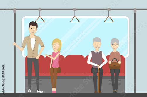 Subway interior set. In train. Seats and windows and rails.