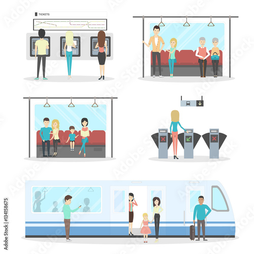 Isolated subway set on white background. Passengers, commuters in train, awaiting and buying tickets.