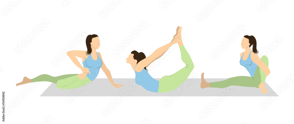 Yoga workout set on white background. Different poses and asanas. Healthy lifestyle. Body stretching. Exercises for women.