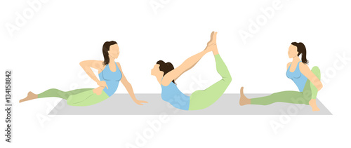 Yoga workout set on white background. Different poses and asanas. Healthy lifestyle. Body stretching. Exercises for women.