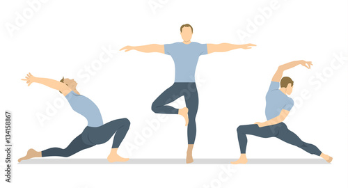 Yoga workout set on white background. Different poses and asanas. Healthy lifestyle. Body stretching. Exercises for men.