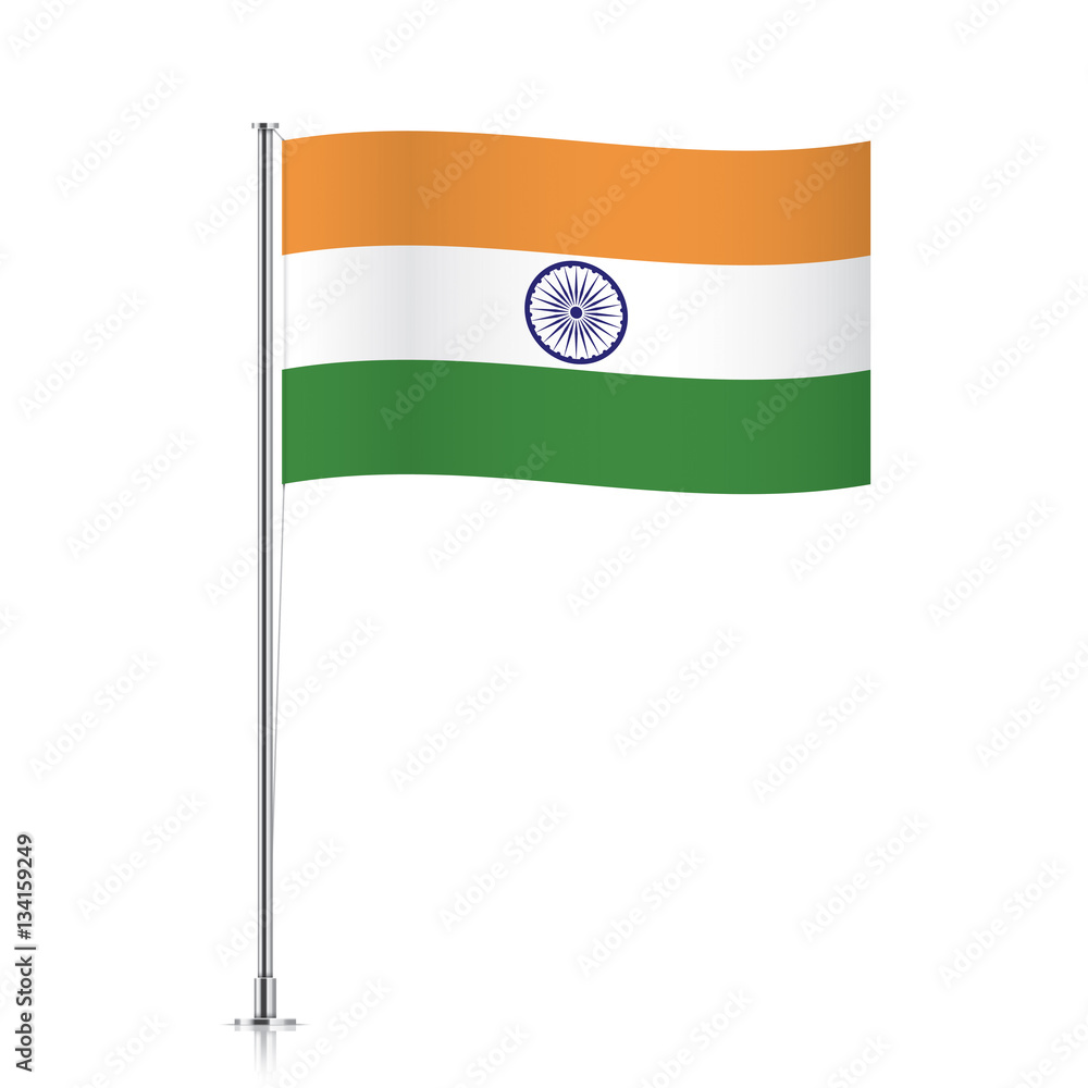 Indian vector flag template. Waving flag of India on a metallic pole
