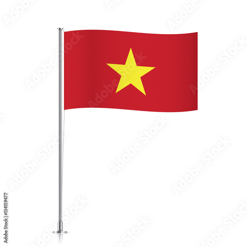 Vietnamese vector flag template. Waving flag of Vietnam on a metallic pole, isolated on a white background.