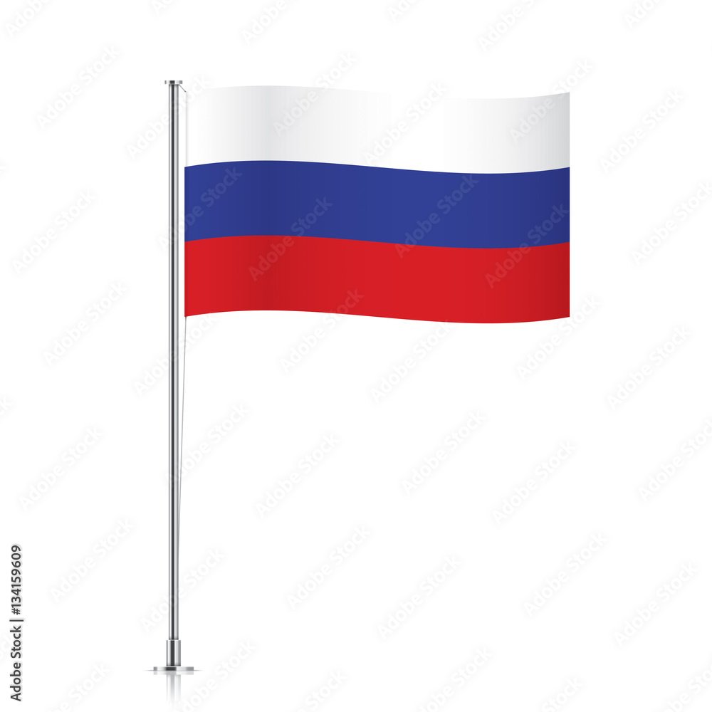 Fototapeta premium Russian vector flag template. Waving flag of Russia on a metallic pole, isolated on a white background.