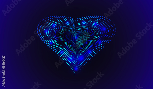 Happy Valentines Day. 3D illuminated neon heart of glowing particles and wireframe. Vector illustration.