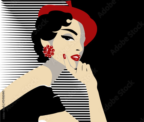 Czarno-biały portret kobiety moda w stylu pop-art, model ubrany w czerwony beret, ręcznie rysowane wektor