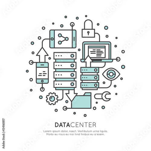 Vector Icon Style Illustration of Cloud Computing Technology, Hosting, Cloud Management, Data Security, Server Storage, Api, Mobile and Desktop Memory, Data Center, Isolated Web Design Template