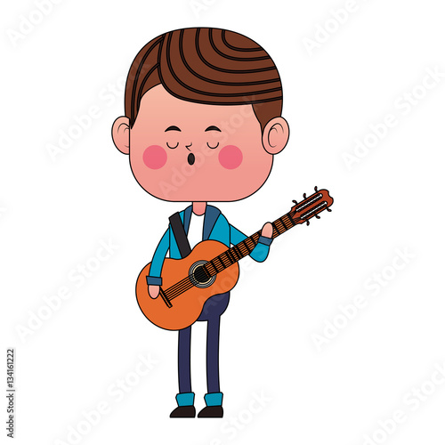 kawaii boy with guitar over white background. colorful design. vector illustration