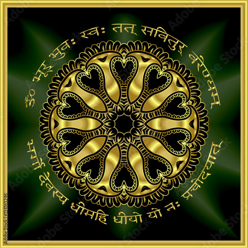 gold mandala mantra om. Indian pattern decorative vector elements. Round golden flower. emerald glow