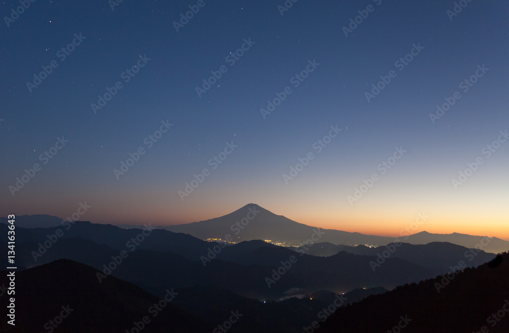Beautiful sunrise time of Mountain Fuji in autumn season seen from Mountain Takayama , Shizuoka prefecture