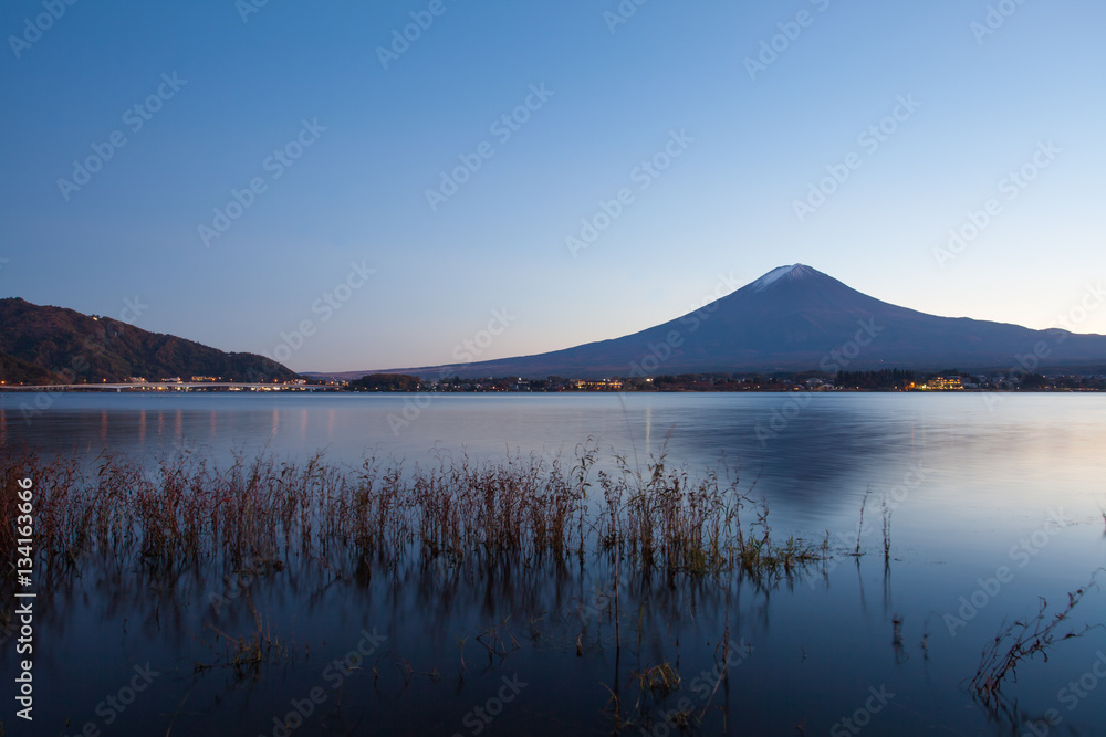 Mountain Fuji and Kawaguchiko lake in evening autumn season Mountain Fuji and Kawaguchiko lake in evening autumn season