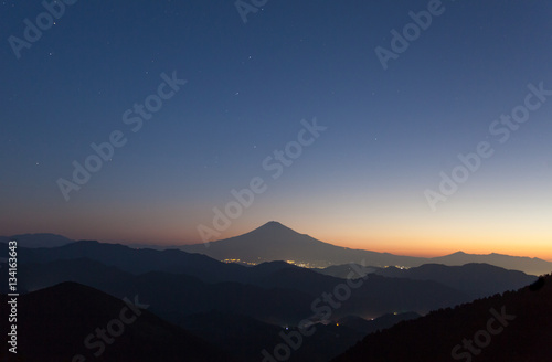 Beautiful sunrise time of Mountain Fuji in autumn season seen from Mountain Takayama , Shizuoka prefecture