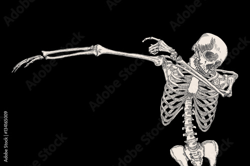 Skeleton of human dancing DAB on black background, isolated, perform dabbing move gesture, posing vector.