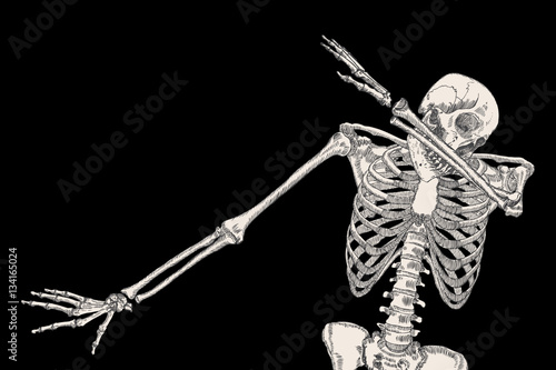 Skeleton of human dancing DAB on black background, isolated, perform dabbing move gesture, posing vector.