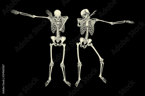 Human skeletons dancing DAB like friends, perform dabbing move gesture in group, posing isolated on white background, vector.