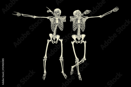 Human skeletons dancing DAB like friends, perform dabbing move gesture in group, posing isolated on white background, vector.
