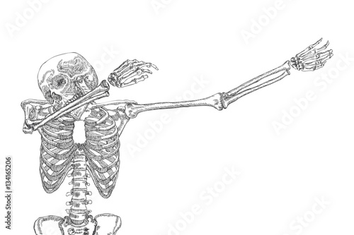 Human skeleton dancing DAB, perform dabbing move gesture, posing on white background. Vector.
