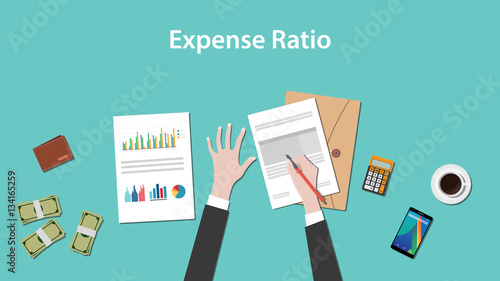expense ratio illustration vector with paperworks, money and calculator on top of table