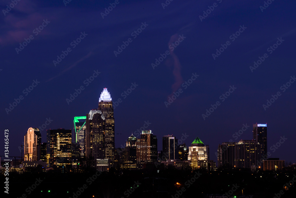 The panoramic scene of the Charlotte, North Carolina skyline at the civil start of light
