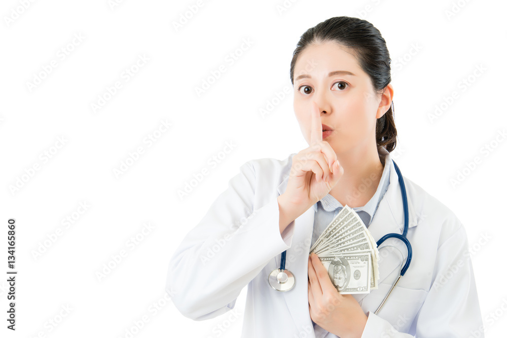 asian woman doctor silence shhh gesture take money bribery asian woman doctor silence shhh gesture take money bribery