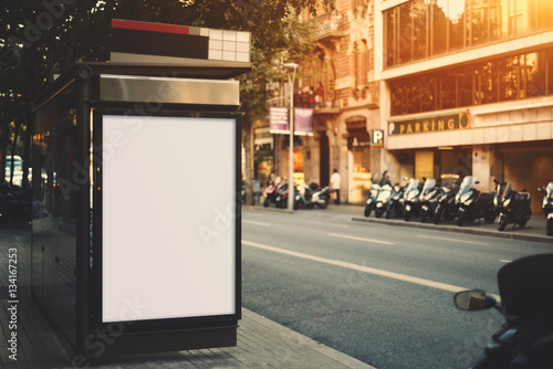 Canvas Print City bus stop with empty mock up banner for your advertising, blank billboard wi