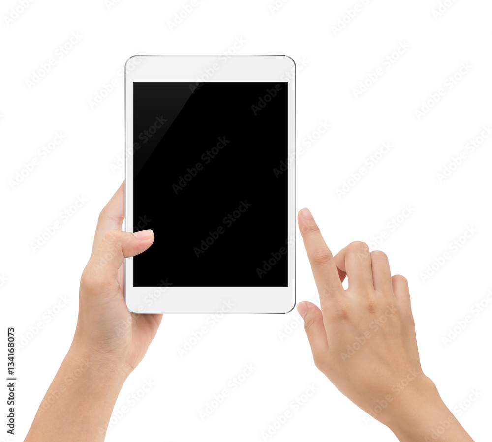 mock-up digital tablet in hand isolated on white background with