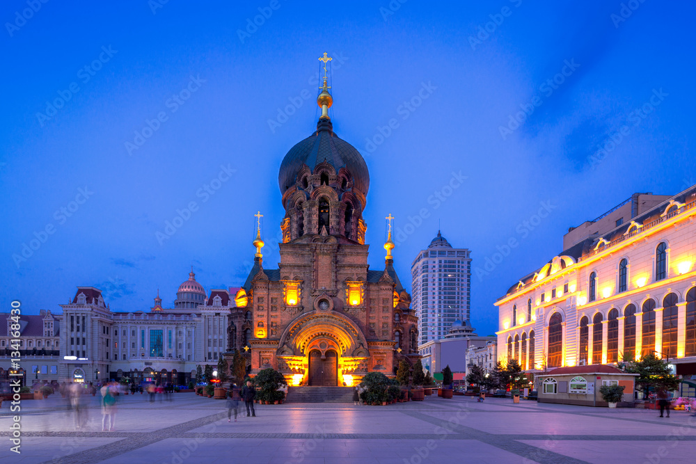 famous harbin sophia cathedral at night from square