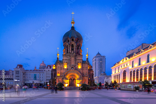 famous harbin sophia cathedral at night from square
