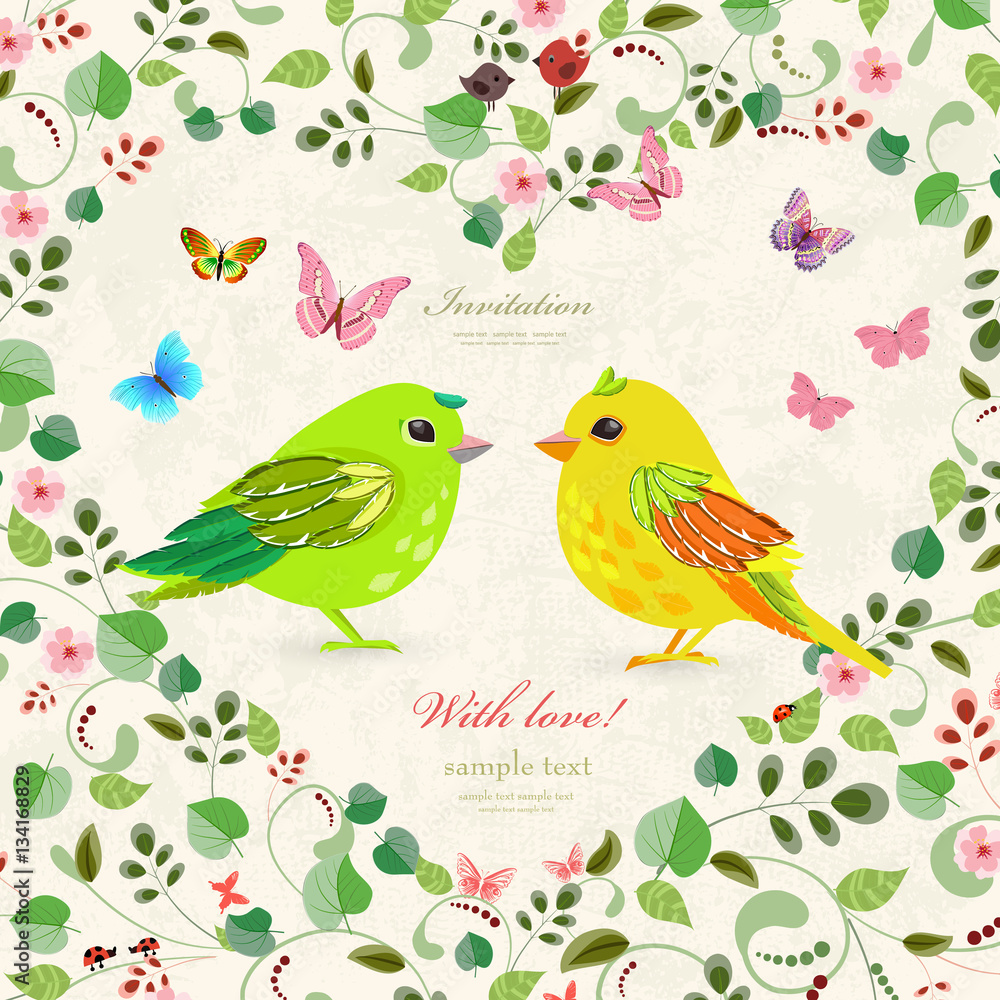 green floral heart with couple of funny birds and butterflies fo green floral heart with couple of funny birds and butterflies fo